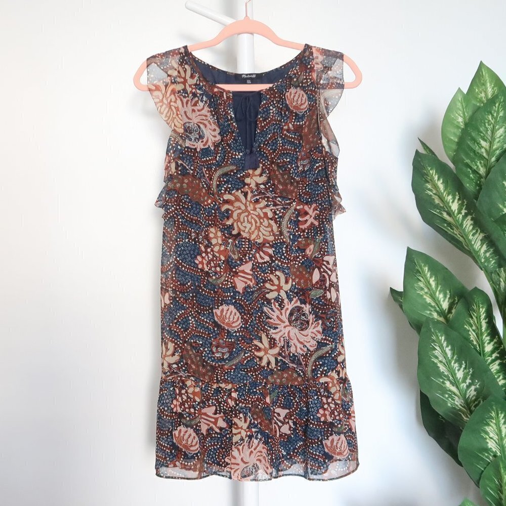 Madewell Navy & Brown V-neck Tassel Tie Flutter Sleeve Ruffle Hem Mini Dress XXS - Picture 9 of 16